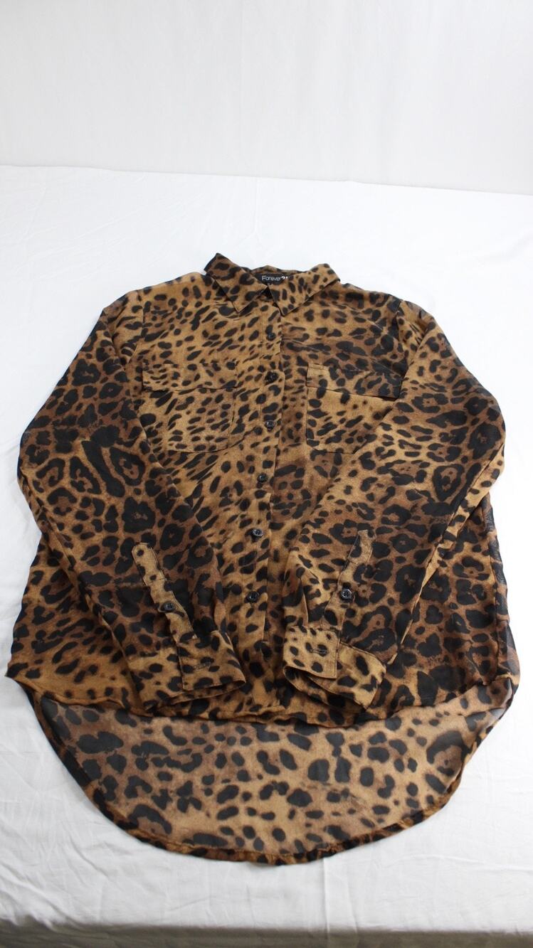 Forever 21 Women S Leopard Print Button Down Blouse Sheer Chiffon Brown Black